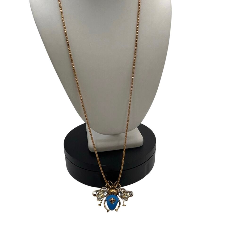 Betsey Johnson Blue Bumble Bee Pendant Brooch Gold Tone Necklace‎ new